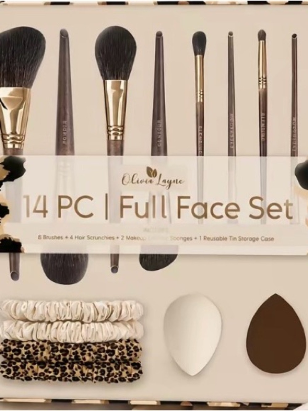 14-Piece Full Face Makeup Brush Set - Taupe and Cream